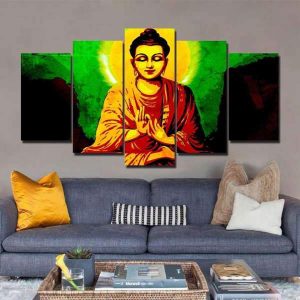 Buddha painting green and yellow Dharmachakra BW1901