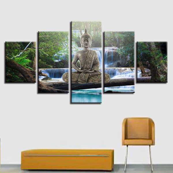 Painting Buddha meditation and waterfall BW1901