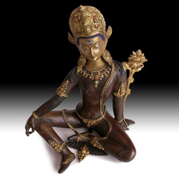 19th Century Jeweled Gilt Bronze Indra Antique Tibetan Nepal Buddha Statue 帝释天