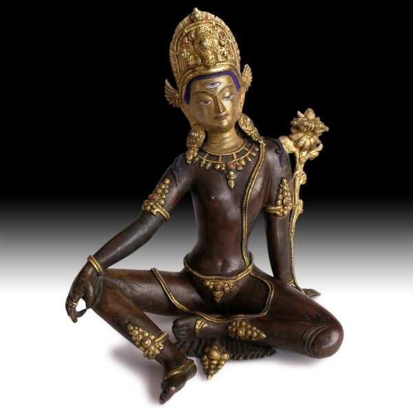 19th Century Jeweled Gilt Bronze Indra Antique Tibetan Nepal Buddha Statue 帝释天