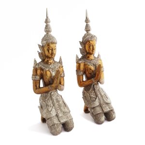 Namaste Praying Statues Bronze Buddha Angels Guardians In Pair God and Goddess Kneeling Teppanom Figurines Handmade in Chiangmai Thailand