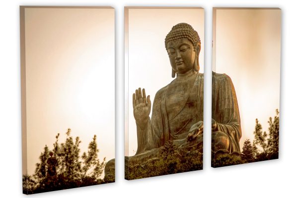 Giant Buddha Statue - Triptych Canvas Print. Buddhism religion monument 3 Panel Split photography for wall decoration.  Religious landmark.