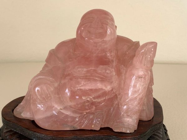 Antique Chinese Hand Carved Pink Quartz Seated Buddha Statue on Wood Stand