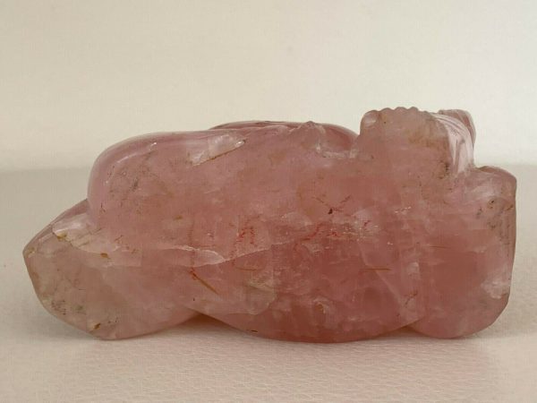 Antique Chinese Hand Carved Pink Quartz Seated Buddha Statue on Wood Stand