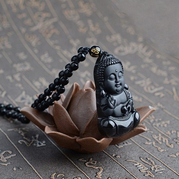 Natural Black Obsidian Carved Baby Buddha Pendant With Amulet Lucky Beads Chain Female Male Pendant Necklace Popular Jewelry