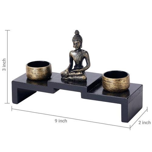 Mini Buddha Statue w/ Wood Base and 2 Tealight Holders