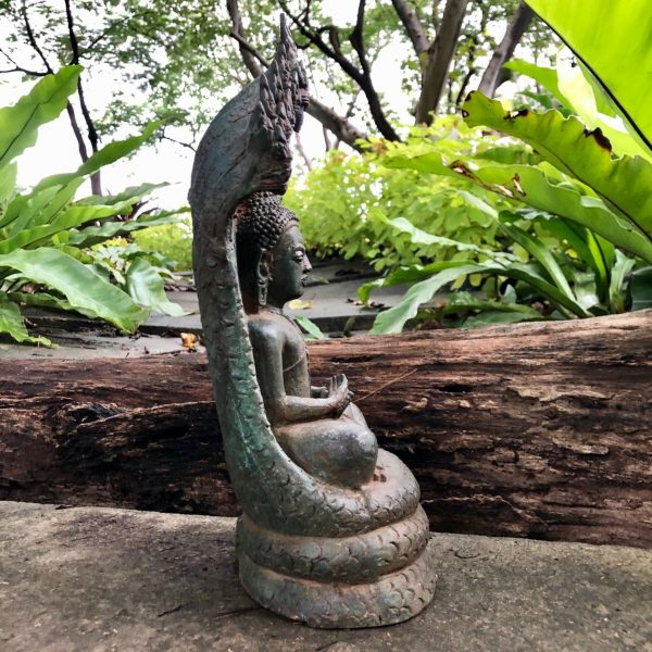 12.6" Laos, Thailand Art Lanna, Chiang mai, Snake Naga Buddha Statue Antique
