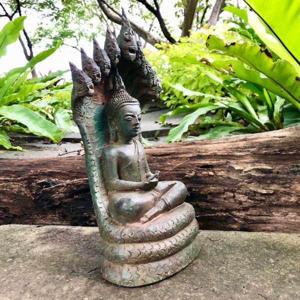 12.6" Laos, Thailand Art Lanna, Chiang mai, Snake Naga Buddha Statue Antique