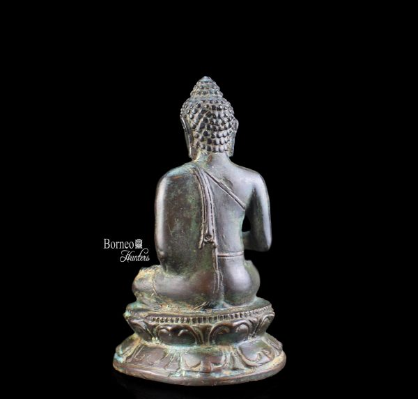 Indonesian Sitting Buddha 12CM Bronze Buddha In 'Abhaya' Blessing Mudra And 'Dhayana' Meditation. Verde Gris Antique Buddha Statue