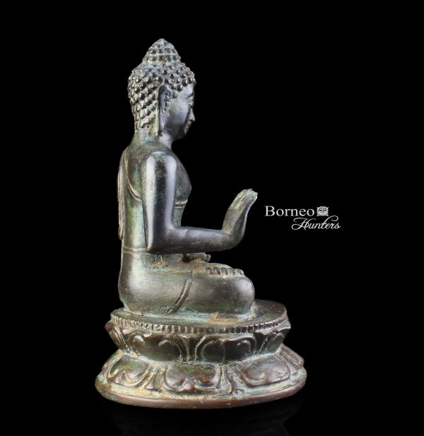Indonesian Sitting Buddha 12CM Bronze Buddha In 'Abhaya' Blessing Mudra And 'Dhayana' Meditation. Verde Gris Antique Buddha Statue