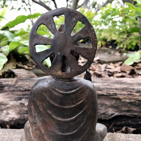 8.9" Antique Bronze Shakyamuni Buddha Statue Gautama Buddhist Wheel On Lotus