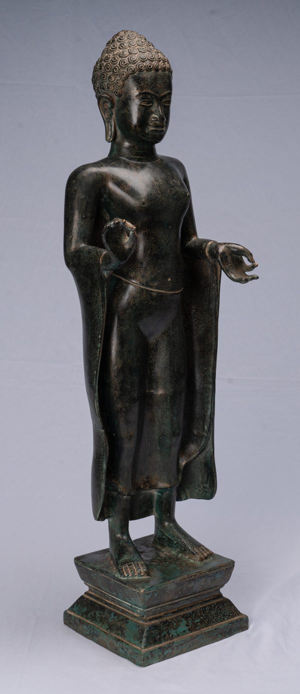 Buddha Statue - Antique Thai Style Dvaravati Bronze Standing Preaching Buddha Statue - 83cm/33"