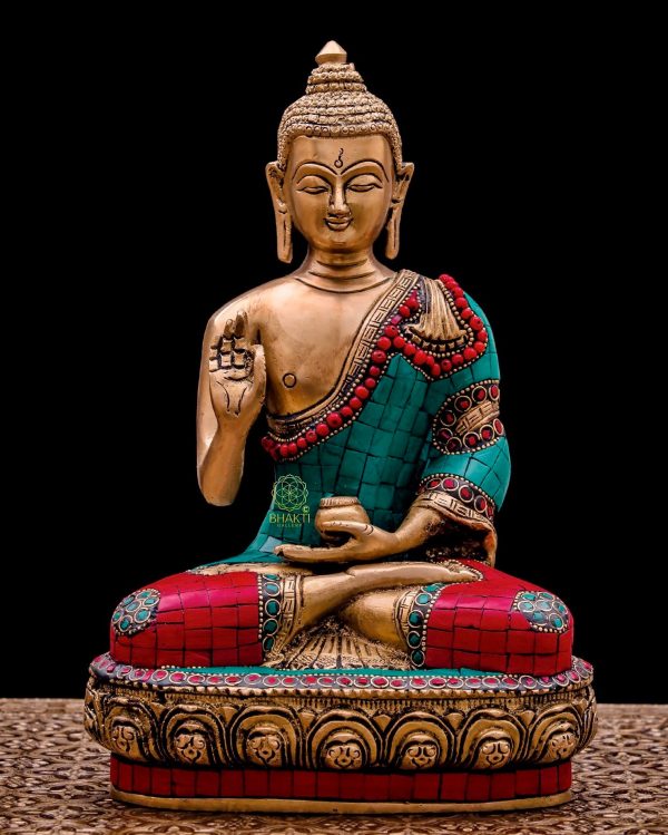 Brass Buddha Statue, 26 cm Big Lord Buddha Idol with Stonework, Outdoor Indoor Buddhist Deity Temple Altar Yoga Studio Meditation Room Decor