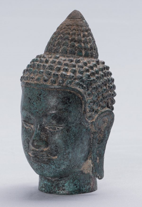 Buddha Statue - Antique Khmer style Freestanding Bronze Buddha Head Statue - 14cm/6"
