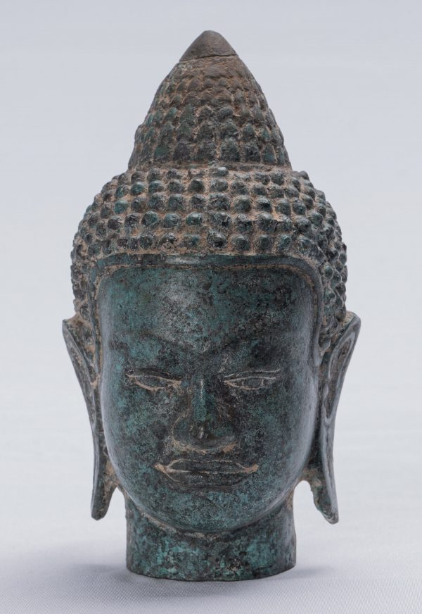 Buddha Statue - Antique Khmer style Freestanding Bronze Buddha Head Statue - 14cm/6"