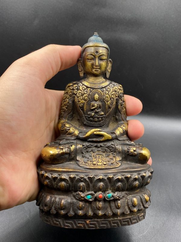 Old Nepali Buddha Statue From Nepal, Bhumisparsha Mudra Made From Bronze, Antique Buddha Statues With Natural Turquoise & Coral