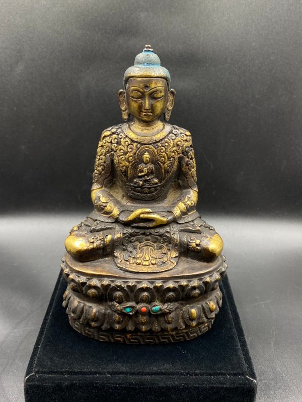Old Nepali Buddha Statue From Nepal, Bhumisparsha Mudra Made From Bronze, Antique Buddha Statues With Natural Turquoise & Coral