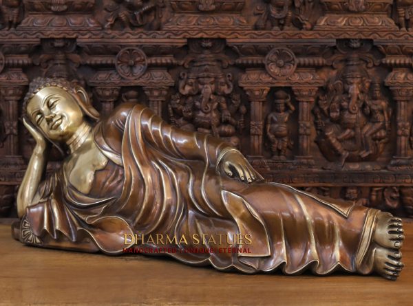 Brass Galvihara Nirvana Reclining Buddha With Shanti Mukha - Gold & Copper Finish - Made in Thailand - Only at Dharma | Masterpiece