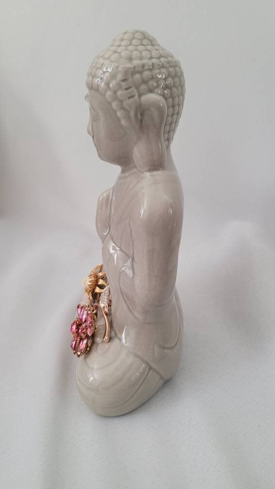 Gray Buddha Ceramic Figurine Statue Embellished Pink Gold Rhinestone Home Decor