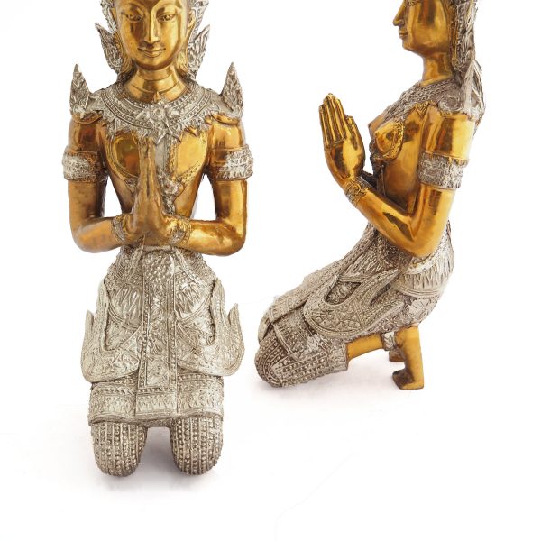Namaste Praying Statues Bronze Buddha Angels Guardians In Pair God and Goddess Kneeling Teppanom Figurines Handmade in Chiangmai Thailand
