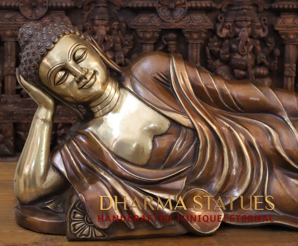 Brass Galvihara Nirvana Reclining Buddha With Shanti Mukha - Gold & Copper Finish - Made in Thailand - Only at Dharma | Masterpiece