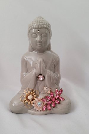 Gray Buddha Ceramic Figurine Statue Embellished Pink Gold Rhinestone Home Decor