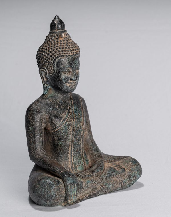 Buddha Statue - Antique Khmer Style Bronze Seated Enlightenment Buddha Statue - 25cm/10"