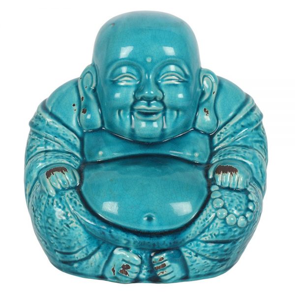 Turquoise Chinese Laughing Buddha Statue, Ceramic Ornament