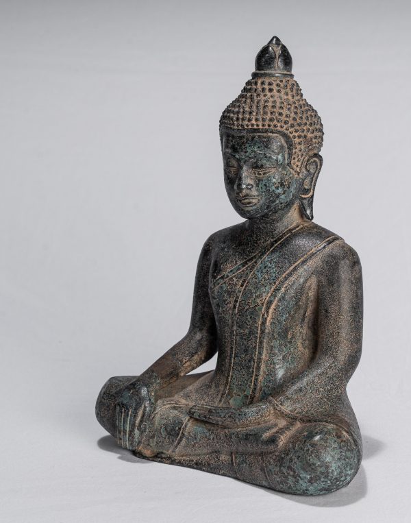Buddha Statue - Antique Khmer Style Bronze Seated Enlightenment Buddha Statue - 25cm/10"