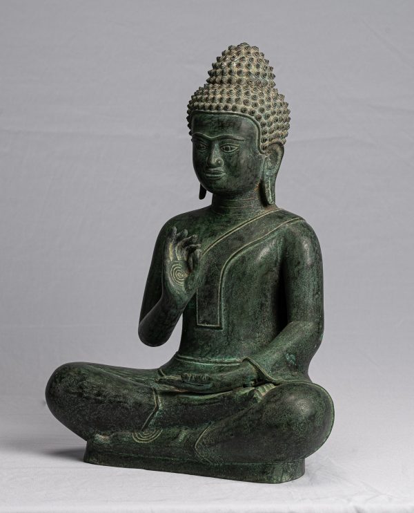 Buddha Statue - Antique Thai Style Bronze Buddha Statue Dharmachakra Teaching Mudra - 42cm/17"