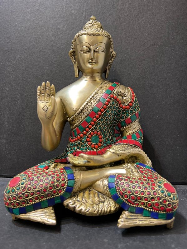 Brass Buddha Statue, 27 CM Brass Lord Buddha Idol, Outdoor Indoor Buddhist Deity, Stonework Temple Altar Yoga Studio Meditation Room Decor